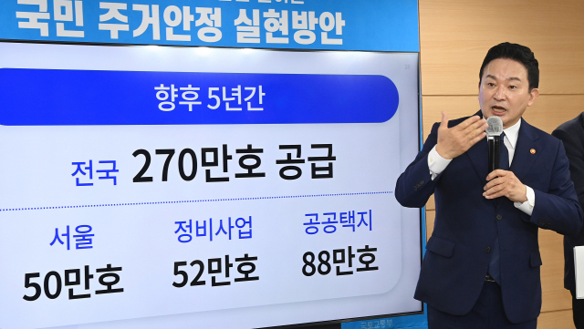 원희룡 국토교통부 장관이 16일 정부서울청사에서 향후 5년간 270만 가구 주택공급을 골자로 한 국민 주거안정 실현방안을 발표하고 있다. /오승현 기자