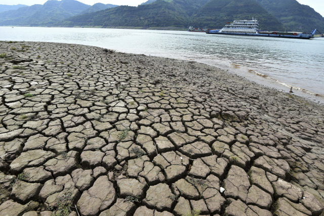 중국 쓰촨성 충칭시 윈양현의 양쯔강에서 가뭄으로 마른 강바닥이 드러나 있다. AP연합