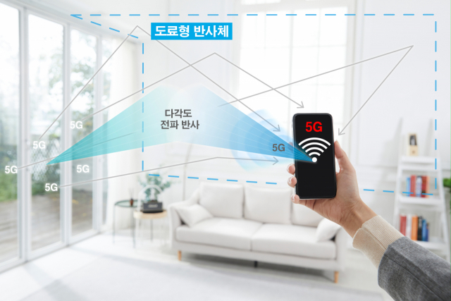 조광페인트 5G 음영지역 해소용 도료의 원리. 창을 통해 실내로 들어온 전파가 도료형 반사체에 의해 고루 분산돼 음영지역을 해소하고 있다./사진제공=조광페인트