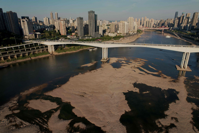중국 충칭의 양쯔강 지류인 자링강이 24일 가뭄으로 강바닥을 드러내고 있다. AFP연합