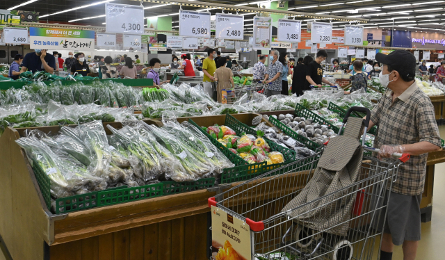 서울시내 한 대형마트에서 소비자들이 가격을 꼼꼼하게 비교하며 채소를 구매하고 있다. 오승현 기자 2022.08.21