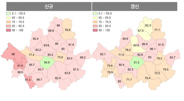 6월 자치구별 연립·다세대 전세가율. 왼쪽은 신규 계약건, 오른쪽은 갱신 계약건. /제공=서울시