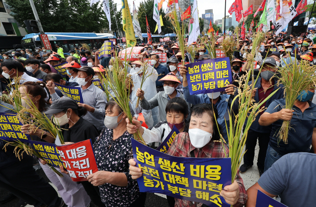 농민단체 회원들이 29일 오후 서울역 앞 한강대로에서 열린 ‘농민 총궐기 대회’에 참석해 농가 경영 불안 해소 대책 마련을 촉구하며 구호를 외치고 있다. 연합뉴스