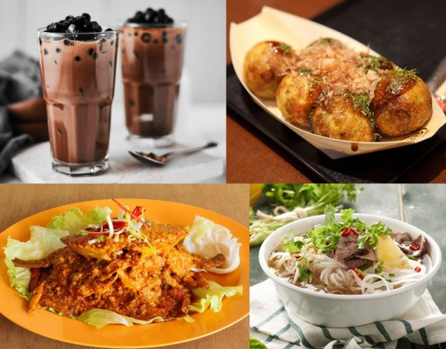 CNN이 선정한 ‘아시아 최고 길거리 음식’ 대만의 버블티, 일본의 타코야키, 베트남의 쌀국수, 싱가포르의 칠리크랩(왼쪽 위부터 시계방향 순). 이미지투데이·CNN 캡처
