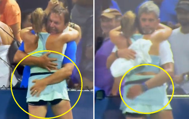 아버지(왼쪽)와 감독이 경기가 끝난 뒤 16세 여성 테니스 선수의 엉덩이를 툭툭 치는 모습이 카메라에 포착돼 논란이 되고 있다. 데일리메일