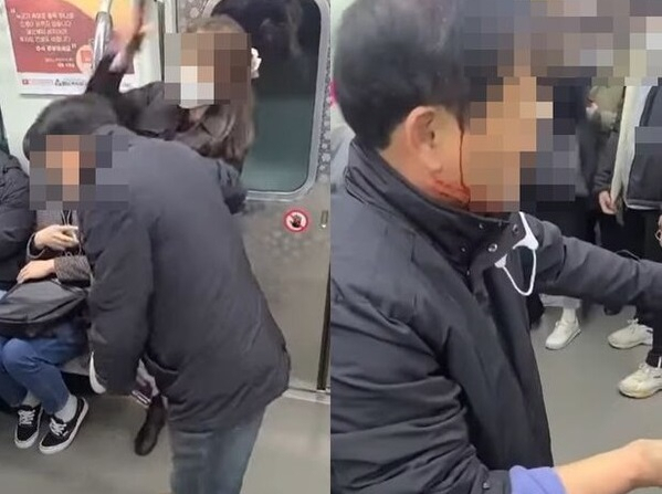지난 16일 서울 지하철 9호선 전동차 안에서 20대 여성이 휴대전화로 60대 남성의 머리를 수차례 내리치는 사건이 발생했다. 유튜브 캡처