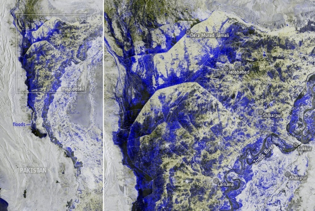 유럽우주국(ESA)은 코페르니쿠스 위성이 지난달 30일(현지시간) 촬영한 파키스탄 국토 사진을 1일 공개했다. 사진에서 동부 도시인 데라 무라드 자말리부터 중부 라카르나까지 인더스강 줄기를 따라 침수된 지역이 파란색으로 표시됐다. AFP연합뉴스