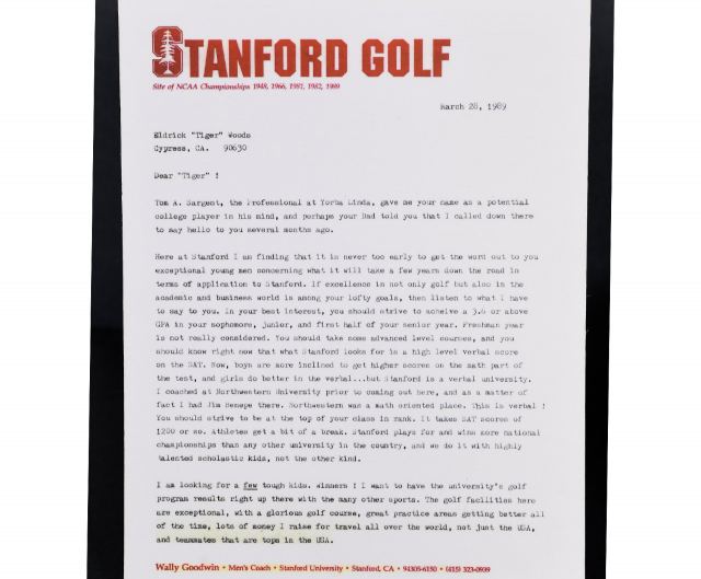 1989년 스탠퍼드대 골프팀 월리 굿윈 코치가 우즈를 스카우트하기 위해 보낸 편지. PGA 투어 홈페이지