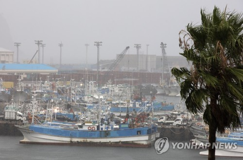 태풍 힌남노가 한반도를 향해 북상하는 가운데 2일 오전 제주 서귀포항에 어선들이 대피해 있다. 연합뉴스