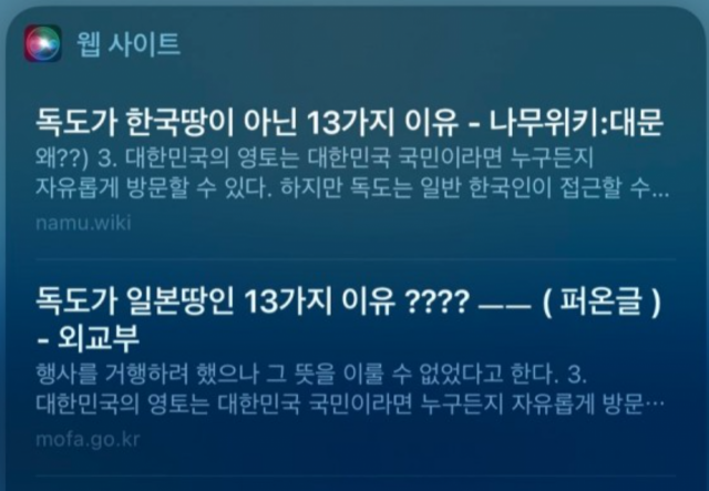 독도 정보 시정 전 시리의 답변. 사이버 외교사절단 반크 공식 블로그 캡처