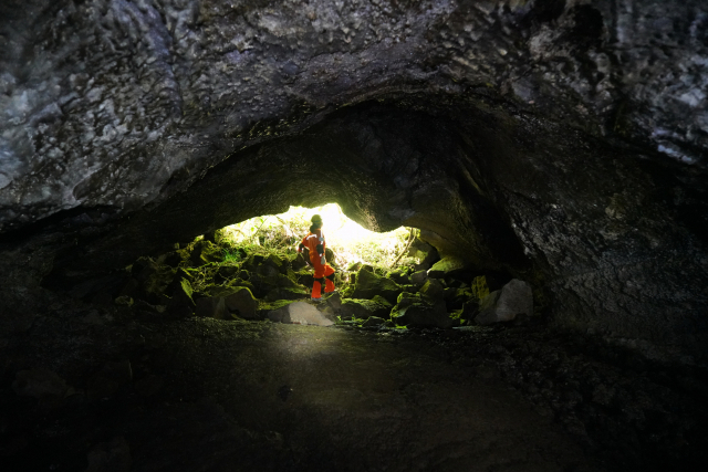 제주도의 대표적 용암 동굴인 벵뒤굴 입구에서 한 방문객이 동굴을 살펴보고 있다. 연중 대부분은 비공개 상태인데 10월 '세계유산축전'에서 일부에게 공개할 예정이다.