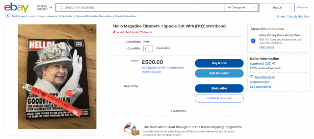 한 판매자가 18일(현지시간) 영국 이베이에 엘리자베스 2세 전 영국 여왕 서거를 다룬 잡지와 참배 시 받았던 손목 밴드를 500파운드에 판매하고 있다. 이베이 캡처