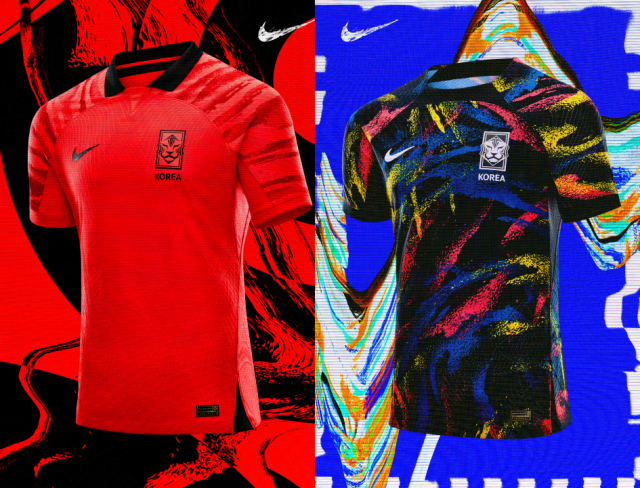 나이키가 19일 2022 대한민국 축구 국가대표팀 유니폼 공개 행사에서 선수들이 카타르 월드컵에서 착용할 홈·원정 유니폼을 공개했다. 사진 제공=나이키코리아