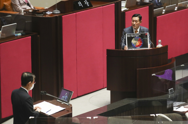 신원식 국민의힘 의원이 20일 국회에서 열린 본회의에서 한덕수 국무총리에게 질문하고 있다. 권욱 기자