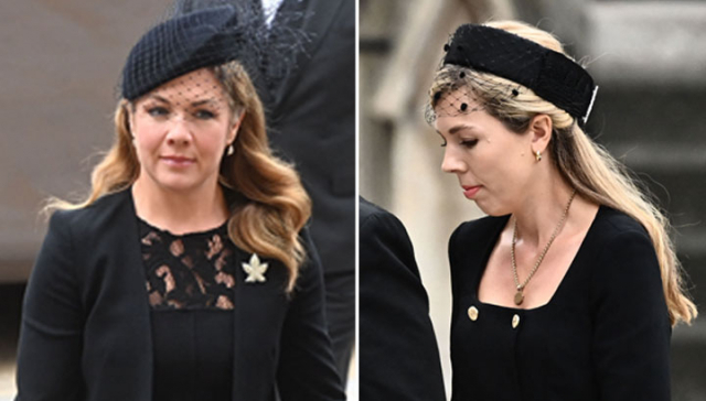 19일(현지시간) 영국 웨스트민스터 사원 도착한 캐나다 총리의 부인 소피 그레고리 트뤼도(왼쪽)와 전 영국 총리와 부인 캐리 존슨도 망사 베일 모자를 착용했다. AFP=연합뉴스