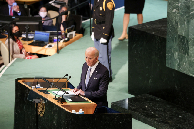 조 바이든 미국 대통령이 21일(현지 시간) 뉴욕 유엔본부에서 열린 제77차 유엔총회에서 연설하고 있다. 로이터 연합뉴스