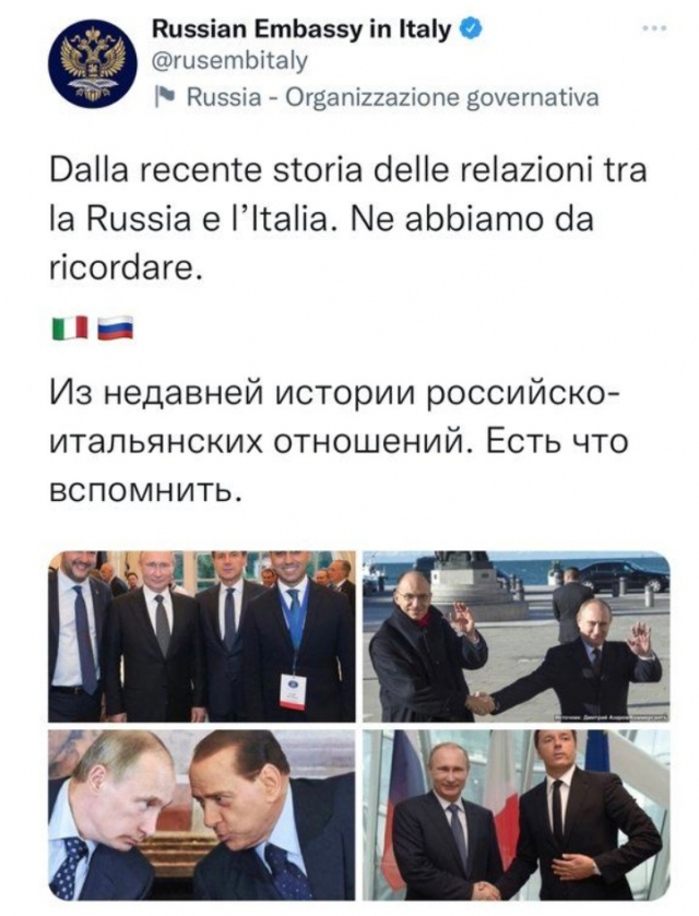 주이탈리아 러시아대사관이 22일(현지시각) 트위터를 통해 블라디미르 푸틴 러시아 대통령과 이탈리아 정치인들이 함께 찍은 사진을 공개했다. 주이탈리아 러시아대사관 트위터 캡처