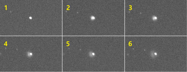 다트 탐사선 충돌 전후 촬영한 영상. 1번은 충돌 직전의 소행성 디모포스, 2~6번은 충돌 직후 먼지가 분출되는 모습을 볼 수 있다. 사진 제공=천문연