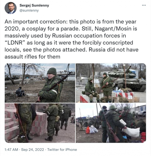 루한스크·도네츠크주(LDNR)에 주둔한 러시아 군대가 AK-47보다 더 오래된 모신나강 소총을 대규모로 사용한다는 주장도 제기됐다. 세르게이 수믈레니 트위터 캡처