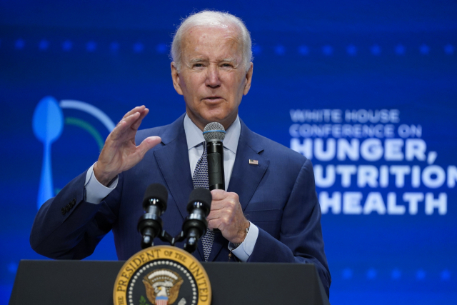 조 바이든 미국 대통령이 28일(현지 시간) 백악관에서 열린 기아·영양·보건 회의에 참석해 발언하고 있다. AP연합뉴스