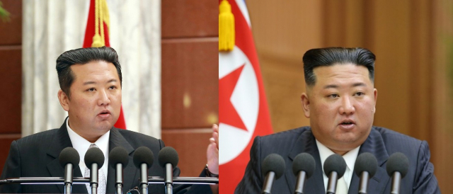 김정은 북한 국무위원장이 2021년 12월 28일 당 전원회의에서 연설하는 모습(왼쪽)과 지난 8일 최고인민회의 제14기 7차 2일차 회의 모습. 연합뉴스