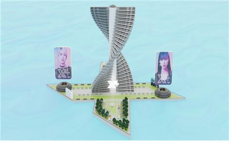 제페토에 구축된 ‘2030세계박람회 X4 엔터테인먼트’ 월드. 해양도시 부산을 닮은 X4의 아이덴티티인 ‘X’형태의 건물./사진제공=부산시
