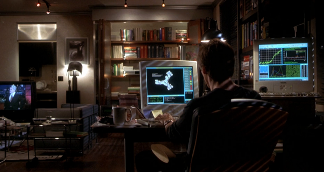 영화 ‘할로우맨’에서 컴퓨터 시뮬레이션으로 분자 구조를 예측해 약을 만드는 장면. 영화 캡처