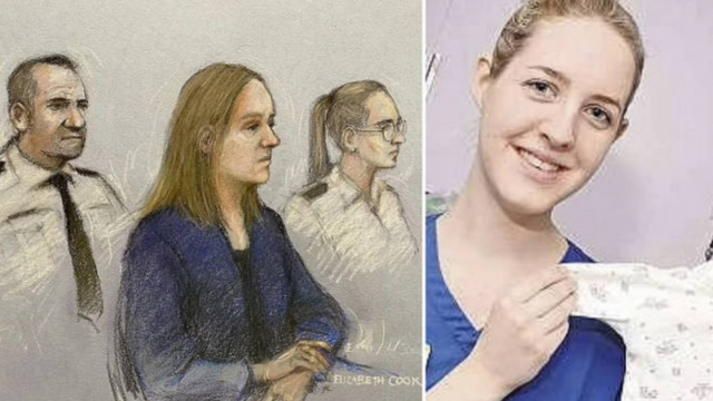 재판정에서 공판을 받는 중인 레트비의 모습 스케치(왼쪽) 그리고 간호사 근무 당시 레트비의 모습. LBC 캡처