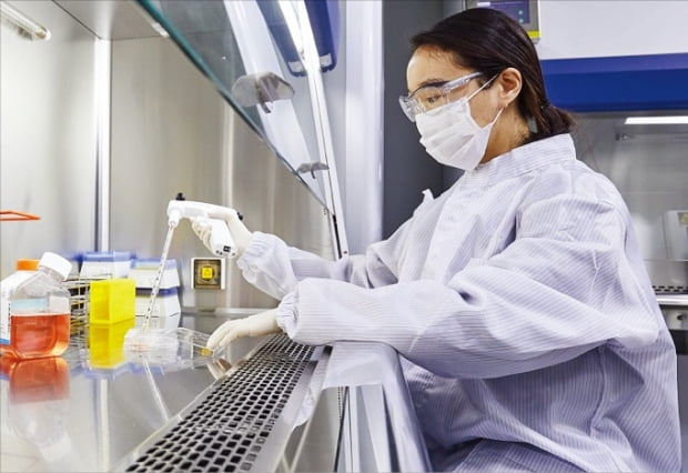 HK이노엔 연구원이 경기도 하남에 있는 세포유전자 치료제 생산시설인 C&G개발센터에서 실험하고 있다. 사진 제공=HK이노엔