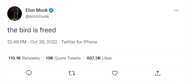 일론 머스크 테슬라 CEO는 이날 트위터에 “새가 풀려났다”며 트위터 인수가 마무리 됐다는 점을 알렸다.