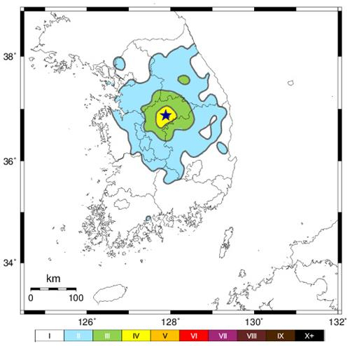 29일 오전 8시 27분 지진이 발생한 충북 괴산군 북동쪽 11㎞ 지점. 기상청 제공