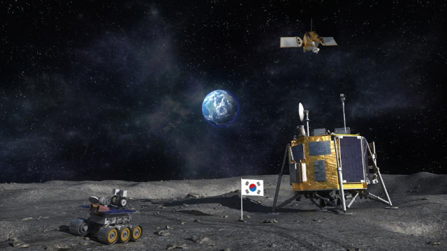 한국이 개발 중인 달 착륙선(오른쪽)과 월면차 상상도. 사진 제공=한국항공우주연구원