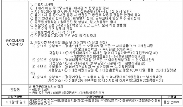 이태원 사고가 발생한 29일 이태원 파출소의 근무 일지. 순찰구역에 사고가 발생한 골목은 빠져있다.