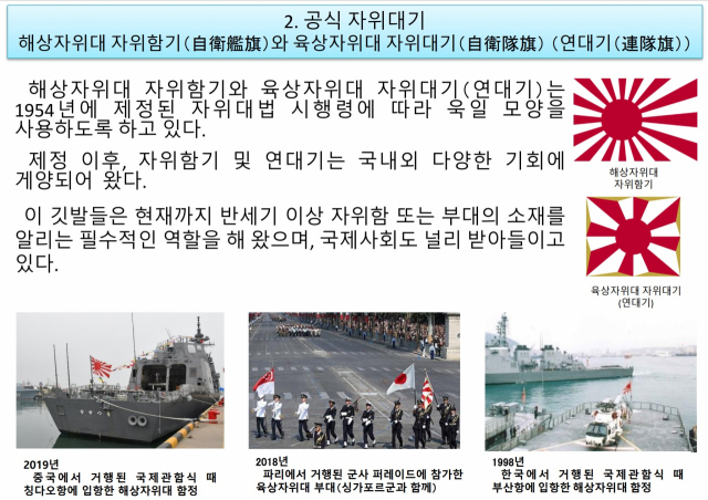 일본 해상자위대·육상지위대의 깃발에 대한 설명. 일본 외무성 공식 홈페이지 캡처