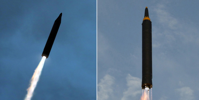 북한이 10일 공개한 지난 4일 중거리 탄도미사일(IRBM) 발사 장면(왼쪽)과 기존 IRBM 화성-12형을 비교한 모습. 사진은 본 기사와 관련없음연합뉴스