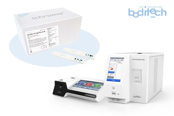 바디텍메드의 코로나19·독감 동시진단키트(왼쪽 위)와 진단기기 아이크로마2·3. 사진 제공=바디텍메드