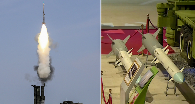 왼쪽은 7일 북한 조선중앙통신이 공개한 지대공미사일 발사 사진. 오른쪽은 지난해 10월 국방발전전람회 때 공개됐던 지대공 미사일로, 형태 등을 고려하면 이 미사일을 발사한 것으로 추정된다./연합뉴스