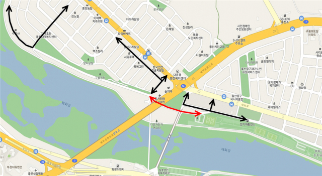 울산 신삼호교 하부도로 양방향 통제(붉은선 통행제한구역, 검정선 우회노선). 위치도=울산시
