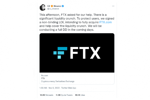창펑 자오 바이낸스 CEO가 FTX 인수 내용이 담긴 투자의향서(LOI)에 서명했다고 9일 밝혔다./출처=창펑 자오 CEO 트위터.