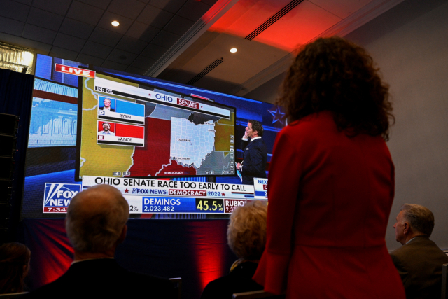 미국에서 8일(현지시간) 중간선거가 실시된 가운데 지지자들 화면으로 오하이오주 상원 선거 발표를 지켜보고 있다. 로이터연합뉴스