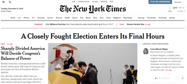 미국의 각종 선거결과 예측은 NYT가 가장 정확한 편이다. NYT가 중간선거 결과에 대한 내용을 미 동부시간 8일 오후6시부터 개시한다. NYT 홈페이지 캡처