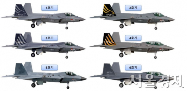 KF-21 시제기별 도장 차이를 소개한 그림. 2호기동체 도색은 1호기보다 더 어둡고, 꼬리 날개의 색상도 다르다. /자료제공=방사청