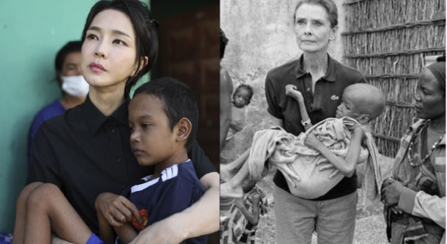 지난 12일 캄보디아 프놈펜의 선천성 심장질환 환아의 집을 방문한 김건희 여사(왼쪽)와 1992년 소말리아 바이도아 유니세프 급식센터를 찾은 영화배우 오드리 헵번. /사진=대통령실, 유니세프 페이스북