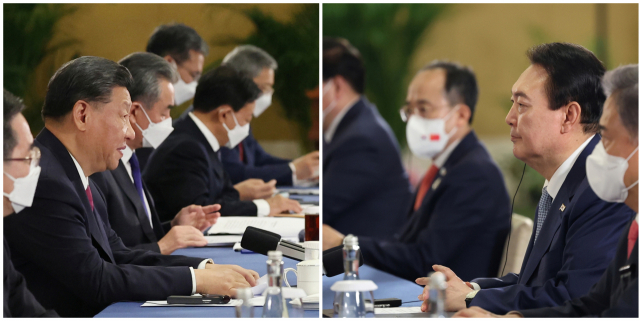 윤석열 대통령(오른쪽 사진)과 시진핑 중국 국가주석이 지난 15일(현지시간) 인도네시아 발리 한 호텔에서 한중 정상회담을 하고 있는 모습. 연합뉴스