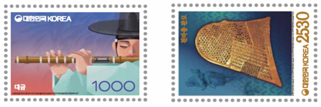 한국조폐공사가 스마트 정글이란 특허기술을 적용해 발행하고 있는 위변조방지 우표 대금(왼쪽)과 천마총 관모(오른쪽). 사진제공=한국조폐고사