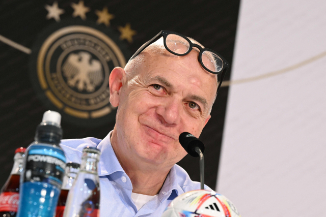 The President of the German Football Association (DFB), Bernd Neuendorf attends a press conference at the Al Shamal training ground in Al Ruwais, north of Doha on November 18, 2022, ahead of the Qatar 2022 World Cup football tournament. (Photo by INA FASSBENDER / AFP)