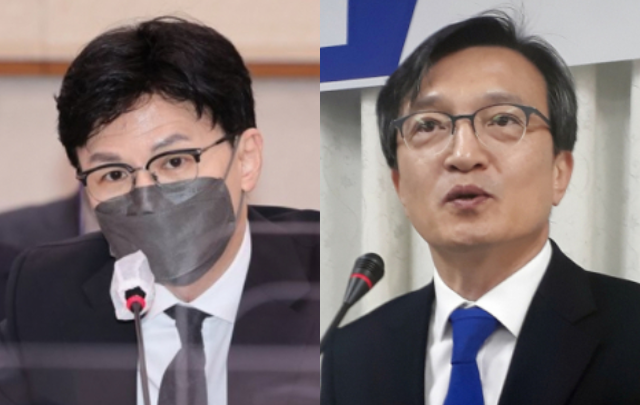 한동훈(왼쪽) 법무부 장관과 김의겸 더불어민주당 의원. 연합뉴스