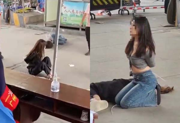 광둥성 광저우시에서 마스크를 쓰지 않은 채 주문한 음식을 받으려던 20대 여성 2명이 17일 방역 요원들에 적발돼 손발이 묶이고 무릎을 꿇은 영상이 인터넷에 퍼져 논란이 됐다. 웨이보 캡쳐
