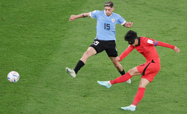 한국 축구 에이스 손흥민(오른쪽)이 24일 카타르 월드컵 우루과이전에서 페데리코 발베르데를 앞에 두고 강력한 왼발 슈팅을 하고 있다. 연합뉴스