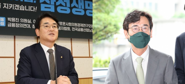 박용진 더불어민주당 의원(왼쪽)과 유시민 전 노무현재단 이사장(오른쪽). 연합뉴스